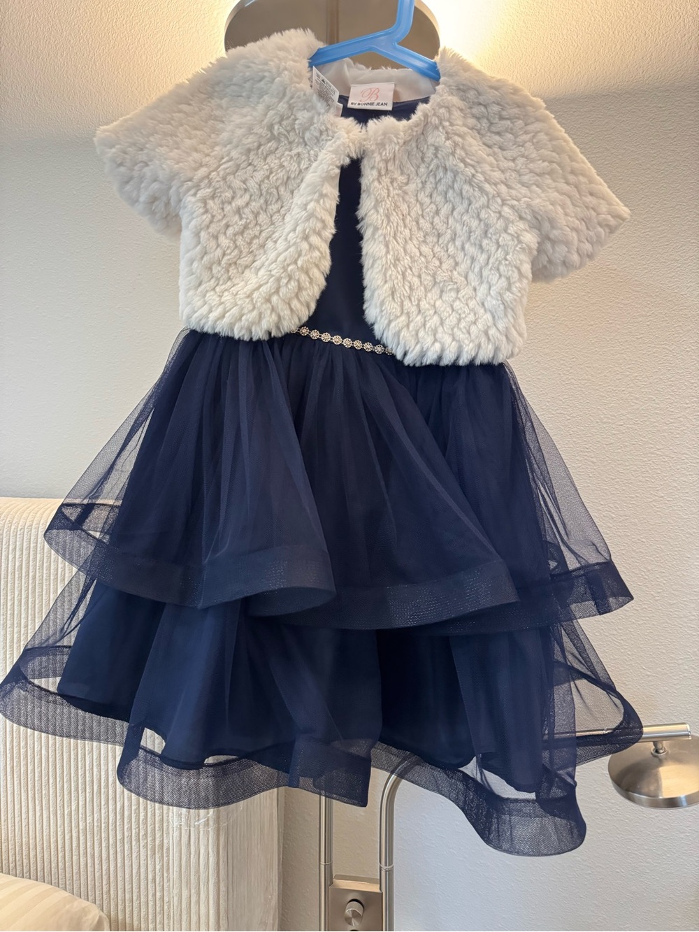 Girl Navy Tulle Party Dress with Ivory Faux Fur Bolero - 6-7